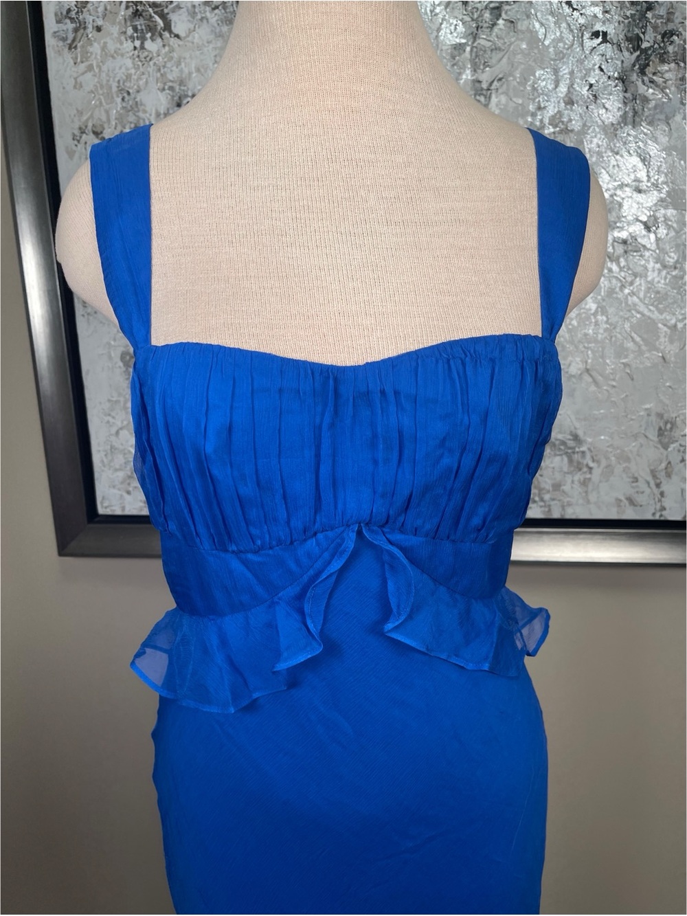 SALONI Chandra Ruffled Plisse Silk Georgette Tiered Blue Maxi Dress Size 8 - Picture 4 of 9